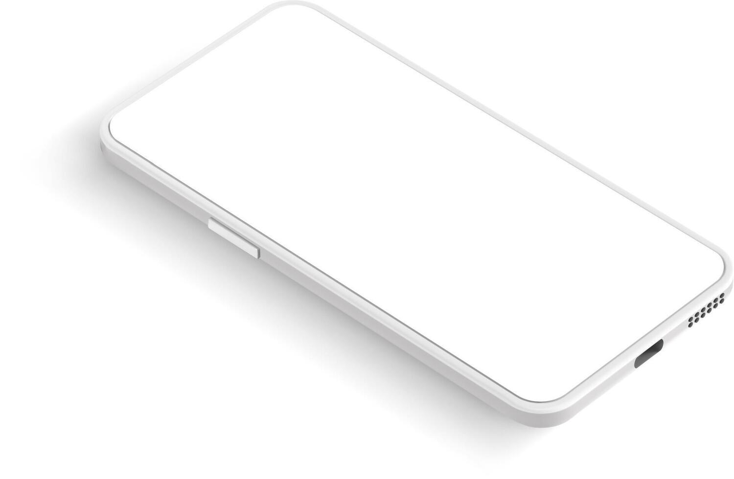 White smartphone with blank screen showing power button and speaker grill casting a shadow on a white background, perfect for showcasing mobile apps or websites vector
