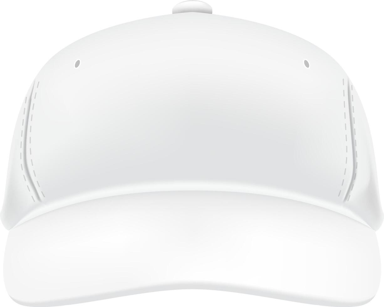 Classic white baseball cap with stitching details, presented in a front view against a clean white background, ideal for showcasing designs or branding vector