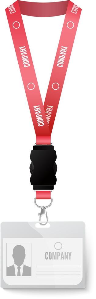Red lanyard displays company identification card with photo, name and other information, hanging from a black strap, useful for conferences, events, and office environments vector