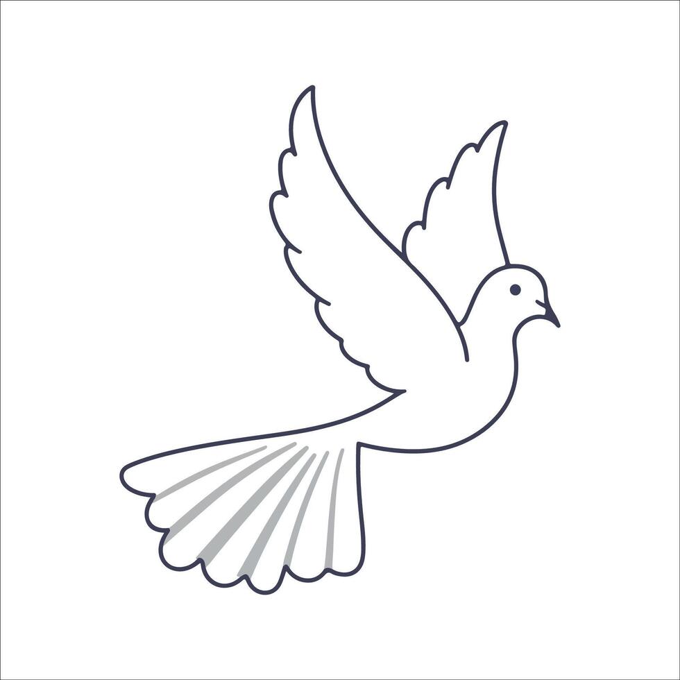 Flat illustration of a stylized white dove with flowing wings, small beak, and long tail, minimalistic design, plain white background vector