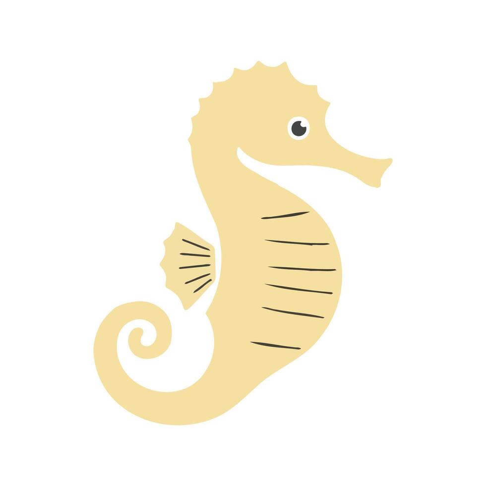 Flat illustration of a seahorse with curved, slender body, pale yellow color, minimalistic design, clean background vector