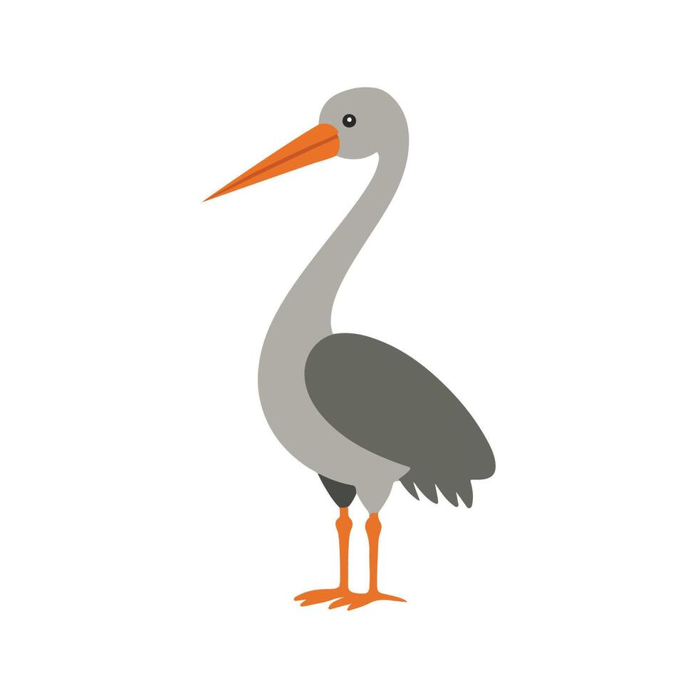 Flat illustration of a stylized crane with gray body, orange beak, and slender neck, minimalistic design, cartoonish style, plain white background vector