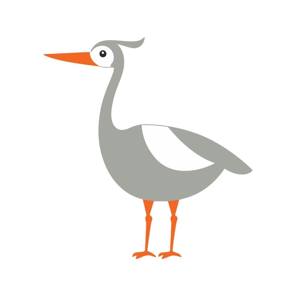 Flat illustration of a stylized crane with gray body, orange beak, and slender neck, minimalistic design, cartoonish style, plain white background vector