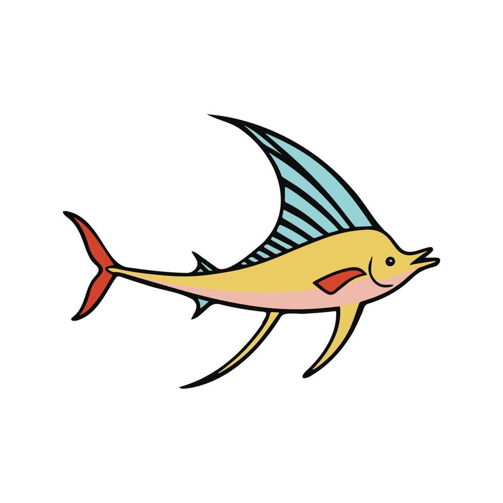 Flat illustration of a sailfish with long slender body, large sail fin, pointed tail, minimalistic design, clean background vector