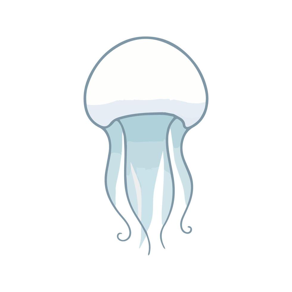 Flat illustration of a moon jellyfish with soft white and blue tones, minimalistic design, smooth, clean background, stylized vector