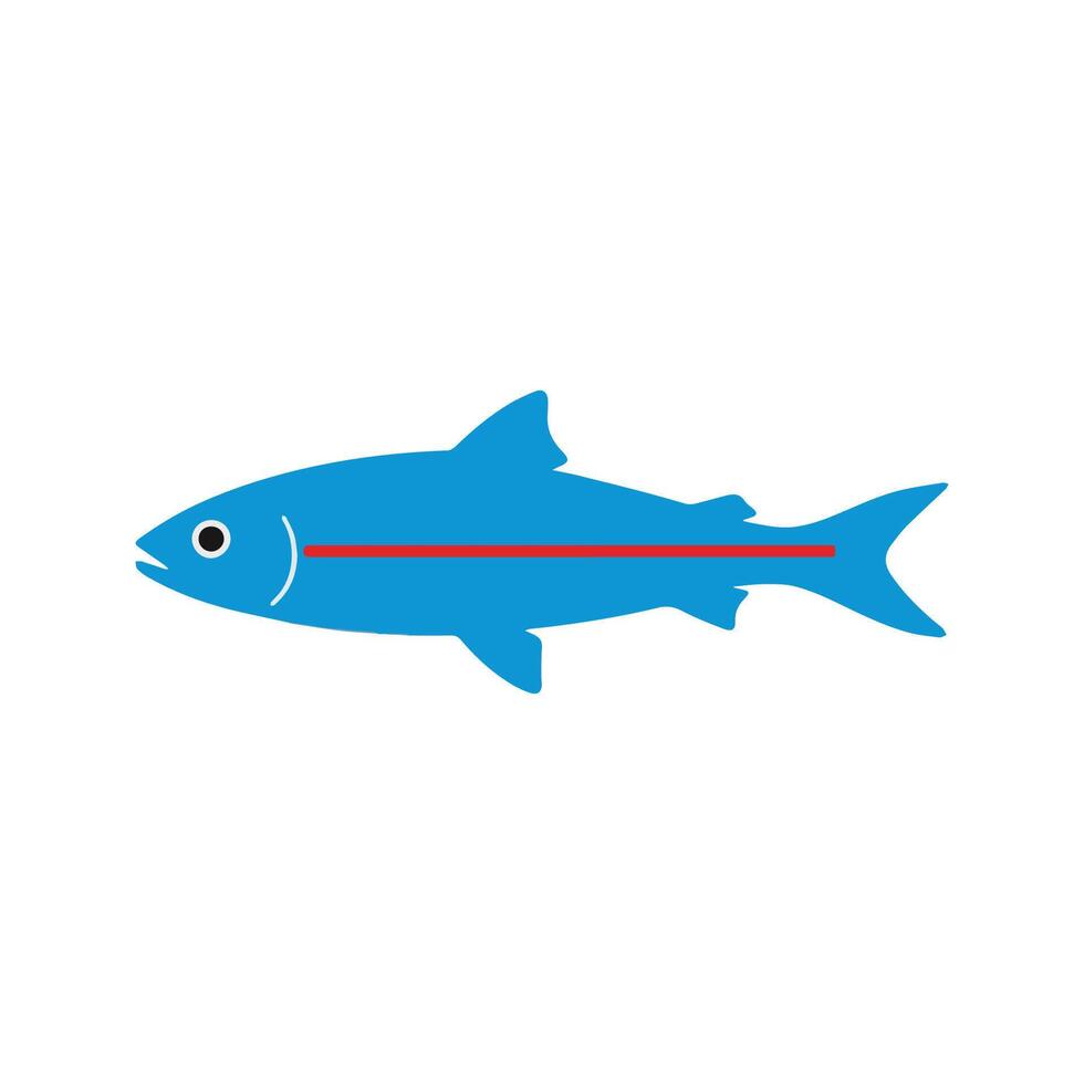 Flat illustration of a neon tetra with bright blue body and red stripe, sleek fins, minimalistic design, clean background, modern aesthetic vector