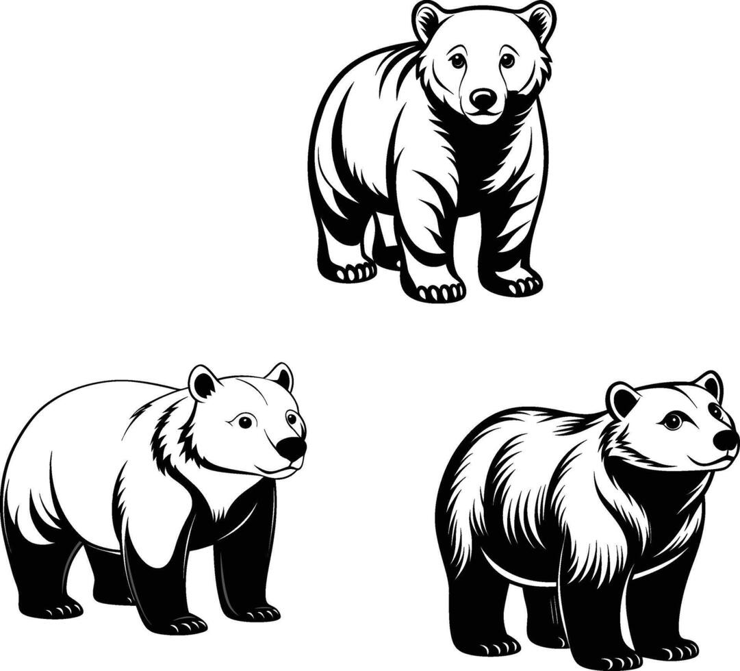 Set of black and white bear icons vector