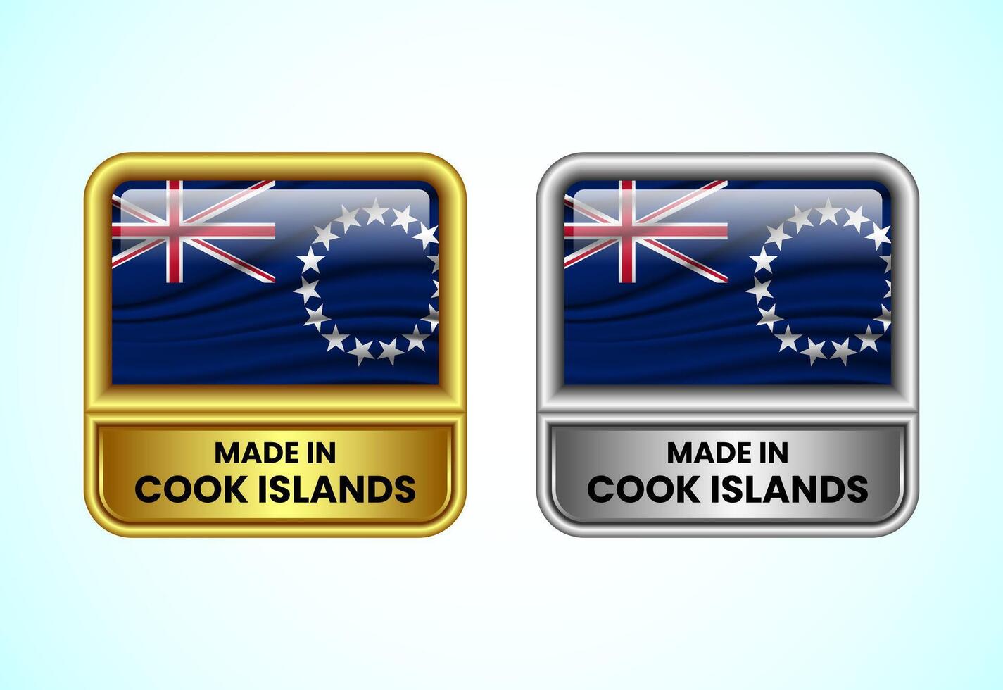 Made in Cook Islands label icon in gold and silver color. Flag icon set for business vector