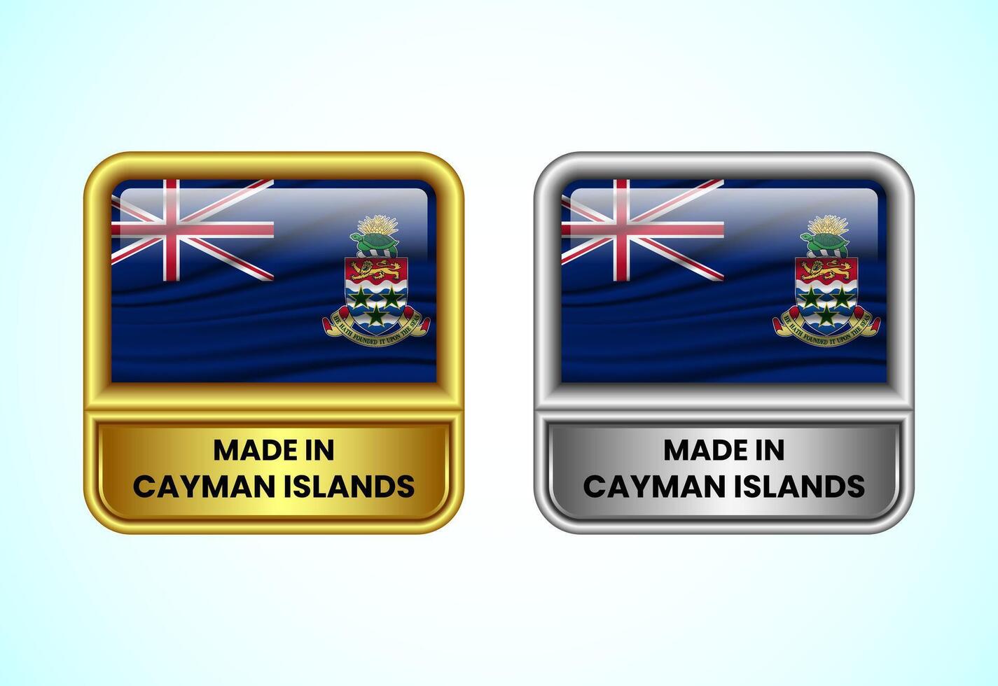 Made in Cayman Islands label icon in gold and silver color. Flag icon set for business vector
