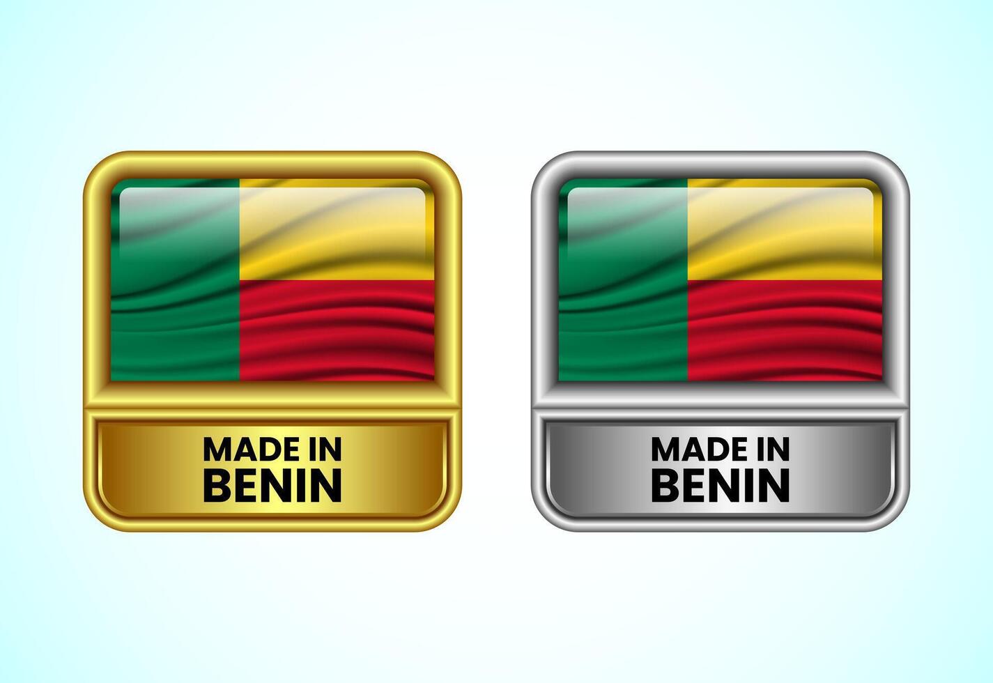 Made in Benin label icon in gold and silver color. Flag icon set for business vector