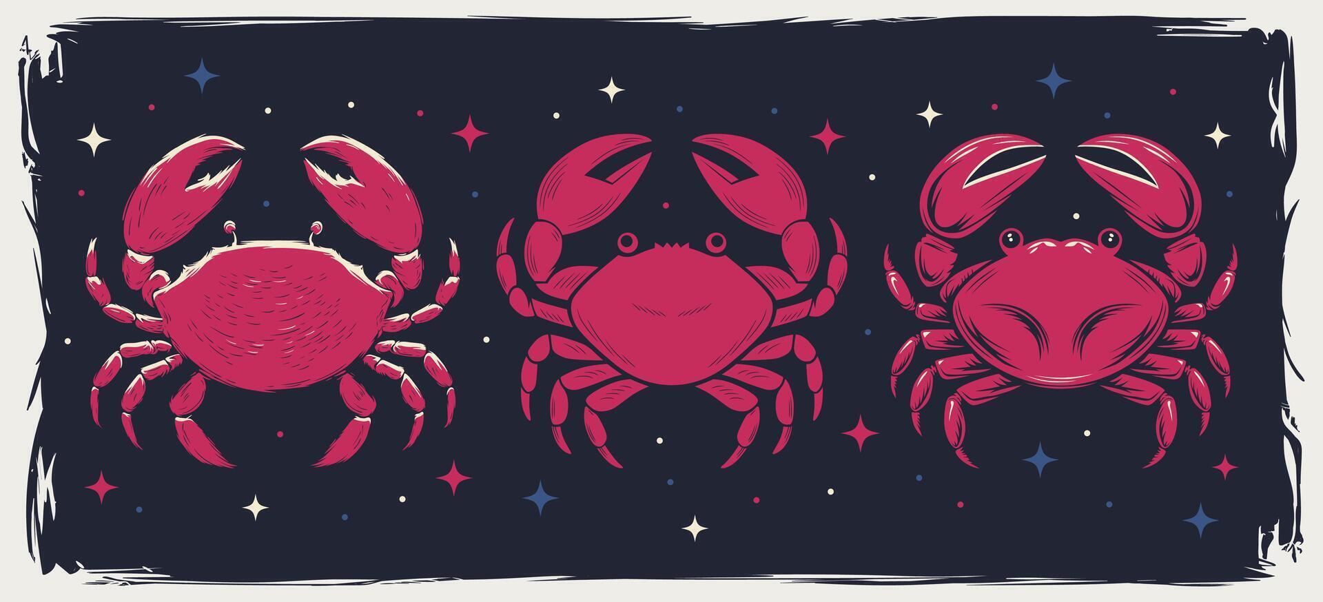Pink Crabs with Stars on Dark Background vector