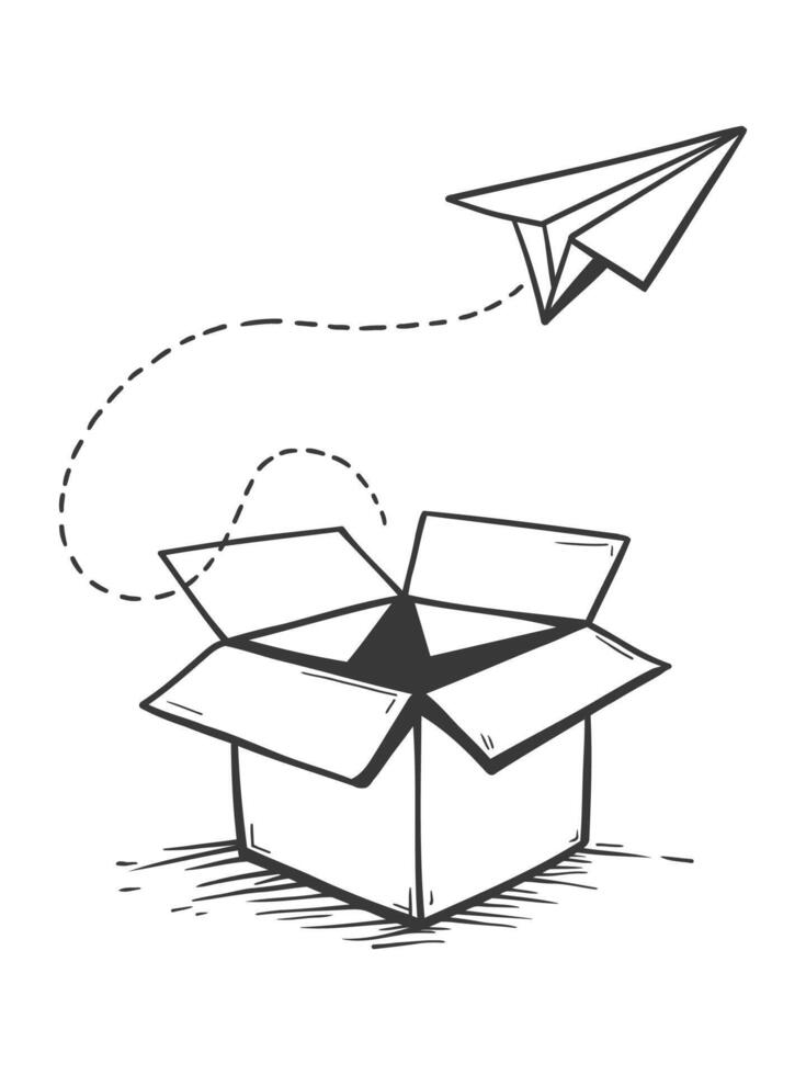 Paper airplane flying out of box line art illustration vector