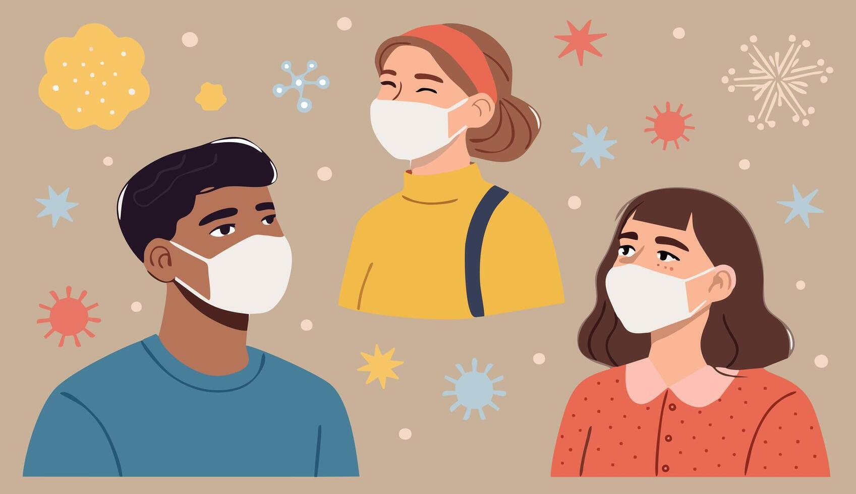 People safeguarding against a virus by wearing masks vector