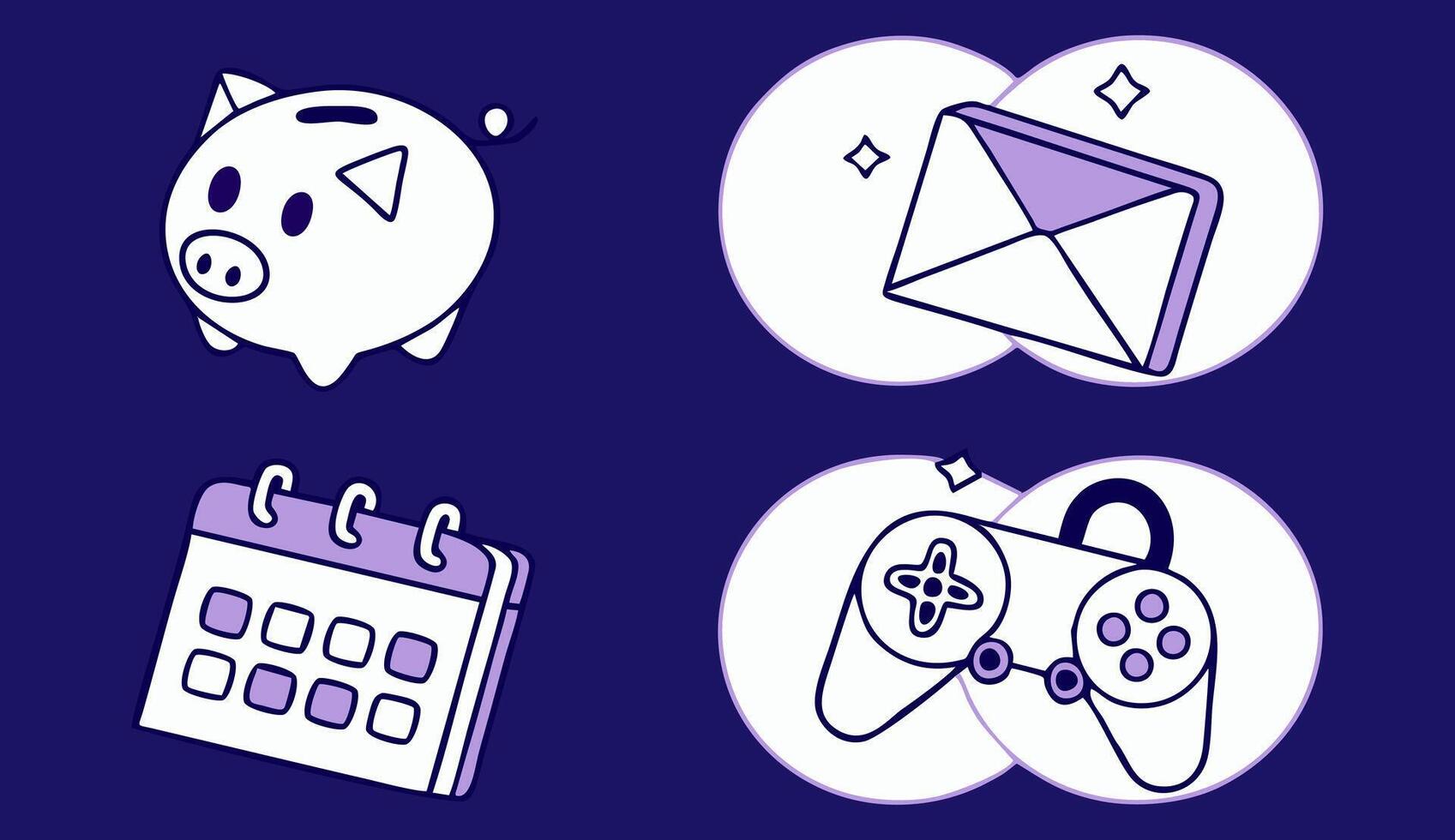 Basic drawing of a piggy bank, calendar, mail, and gamepad representing savings, organization, communication, and gaming vector