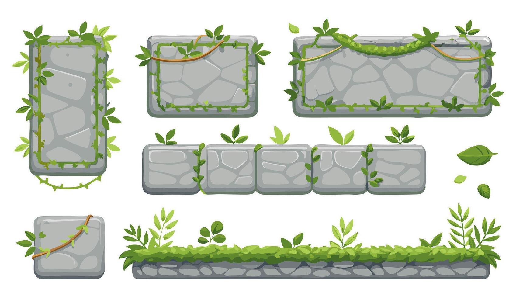 Stone game assets with lianas and leaves, creating a jungle or forest atmosphere for 2d platformers or other game projects vector