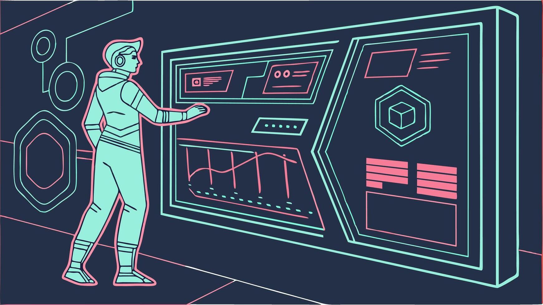 Scientist using cutting edge interface to analyze data and statistics in a virtual reality setting vector