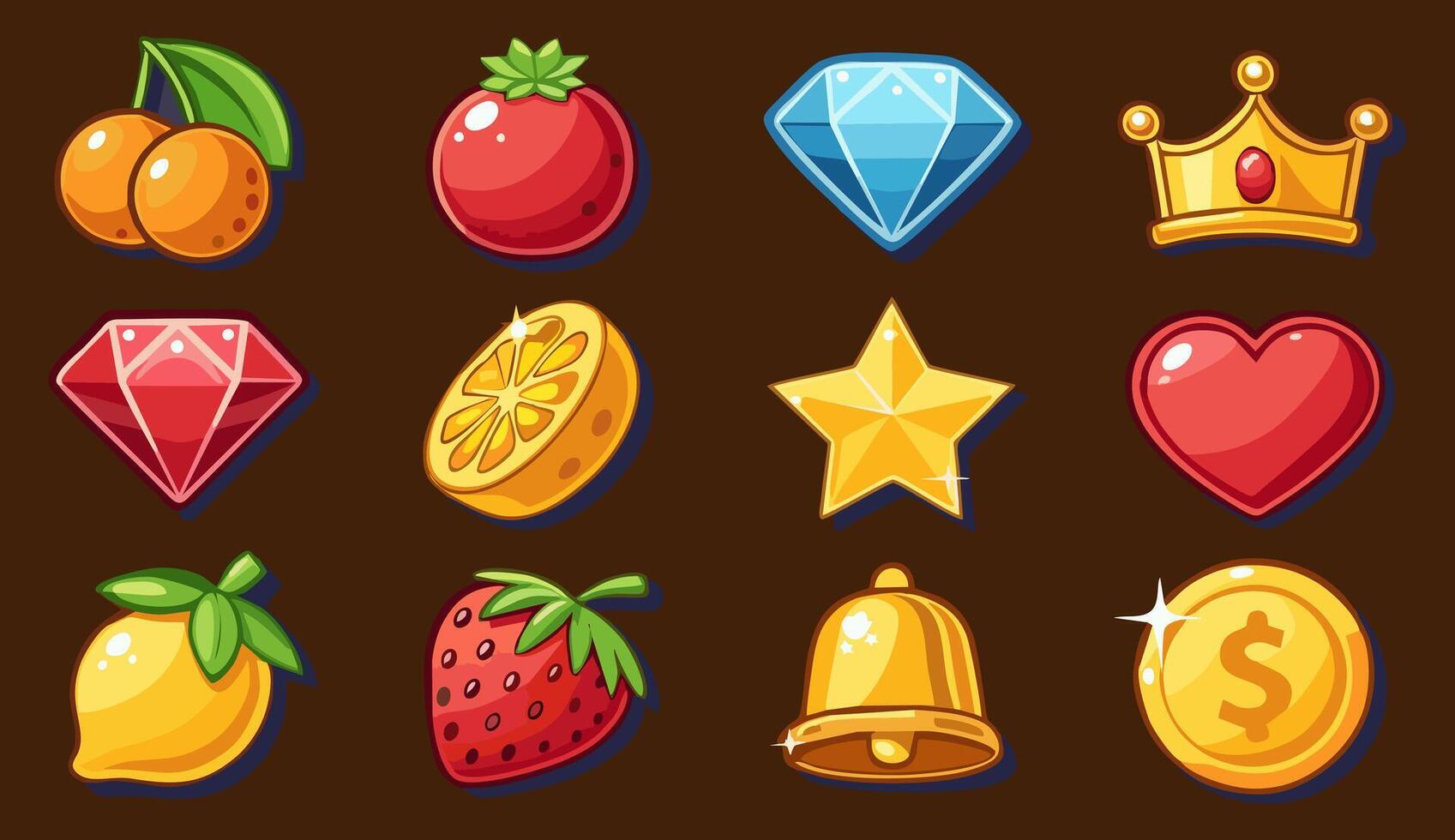 Dozen vibrant slot machine symbols featuring fruits, gems, a crown, a bell, a star, a heart, and a gold coin set against a deep brown backdrop vector