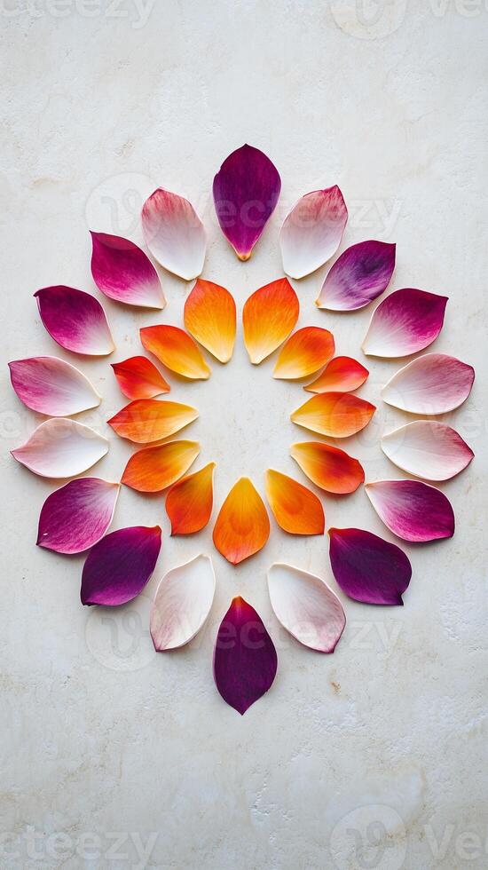 Petals arranged in a mandala pattern under glass, wallpaper photo
