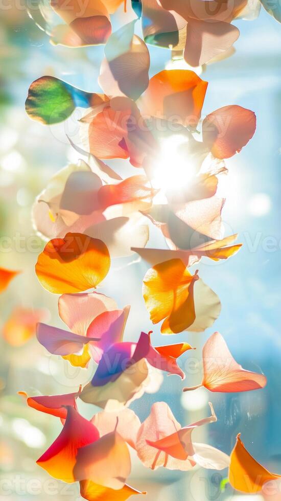 Petals arranged in a sunburst pattern behind glass, photorealistic photo