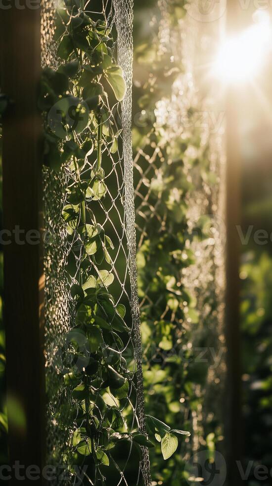 Pea shoots climbing a mesh support structure in the garden, photorealistic wallpaper photo