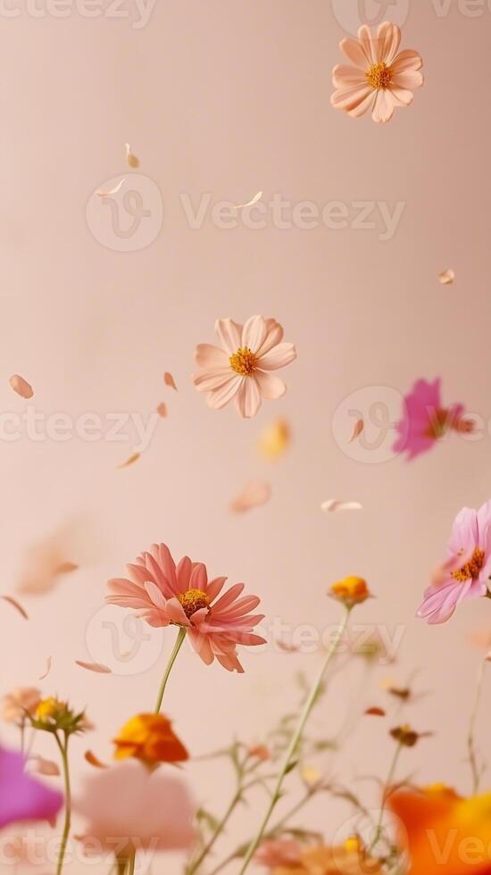 Zinnia stalks scattered in cottage gardens in summer winds, photorealistic wallpaper photo