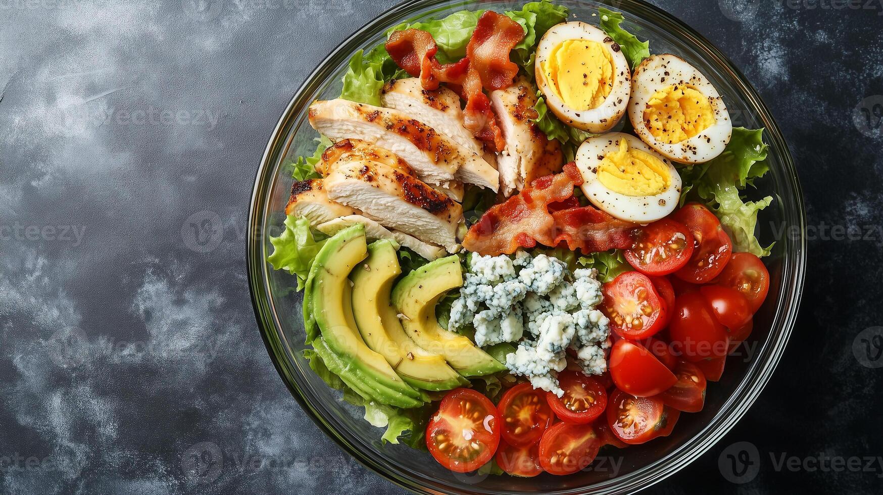 Cobb salad in a glass bowl combining chicken, bacon, avocado, eggs, tomatoes, and blue cheese, food photography photo