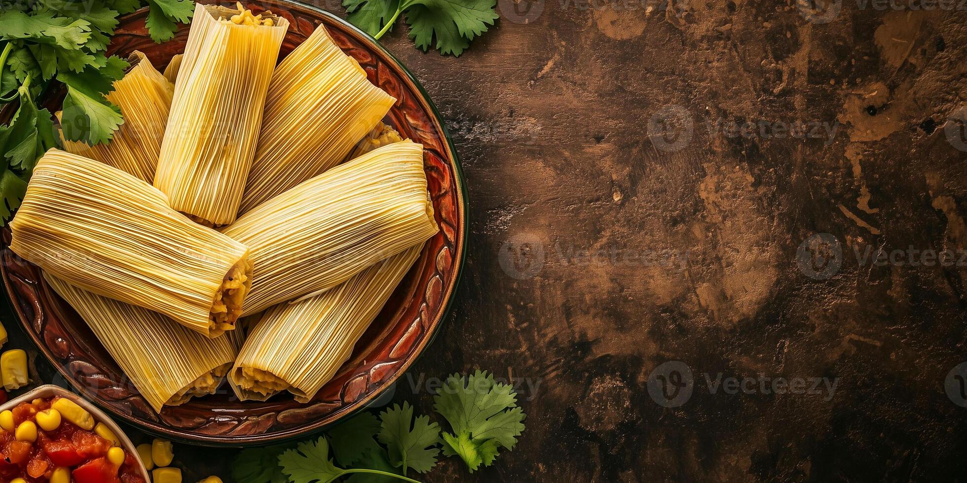 Top-down view of tamales with corn husks wrapped around the filling, neatly arranged on a dish, culinary photography photo