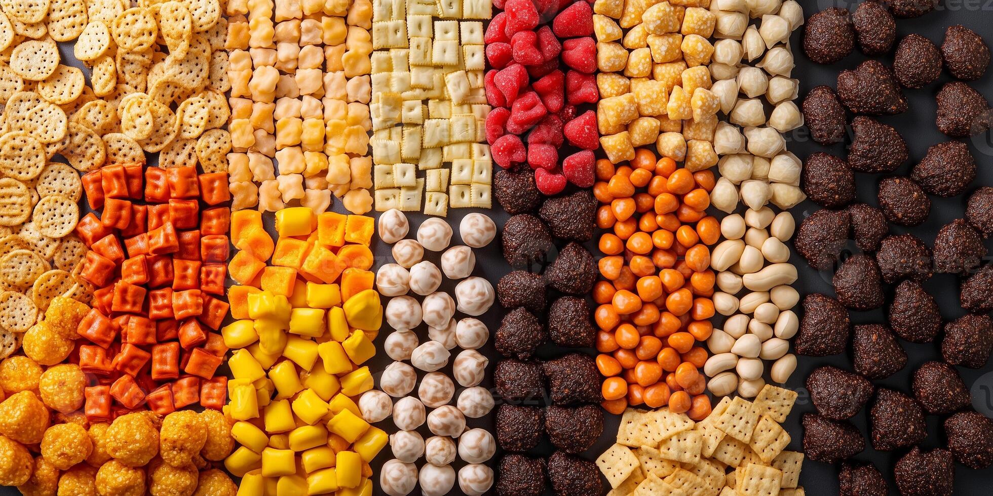 Variety of small snack items arranged in grid pattern on serving surface, food photography photo