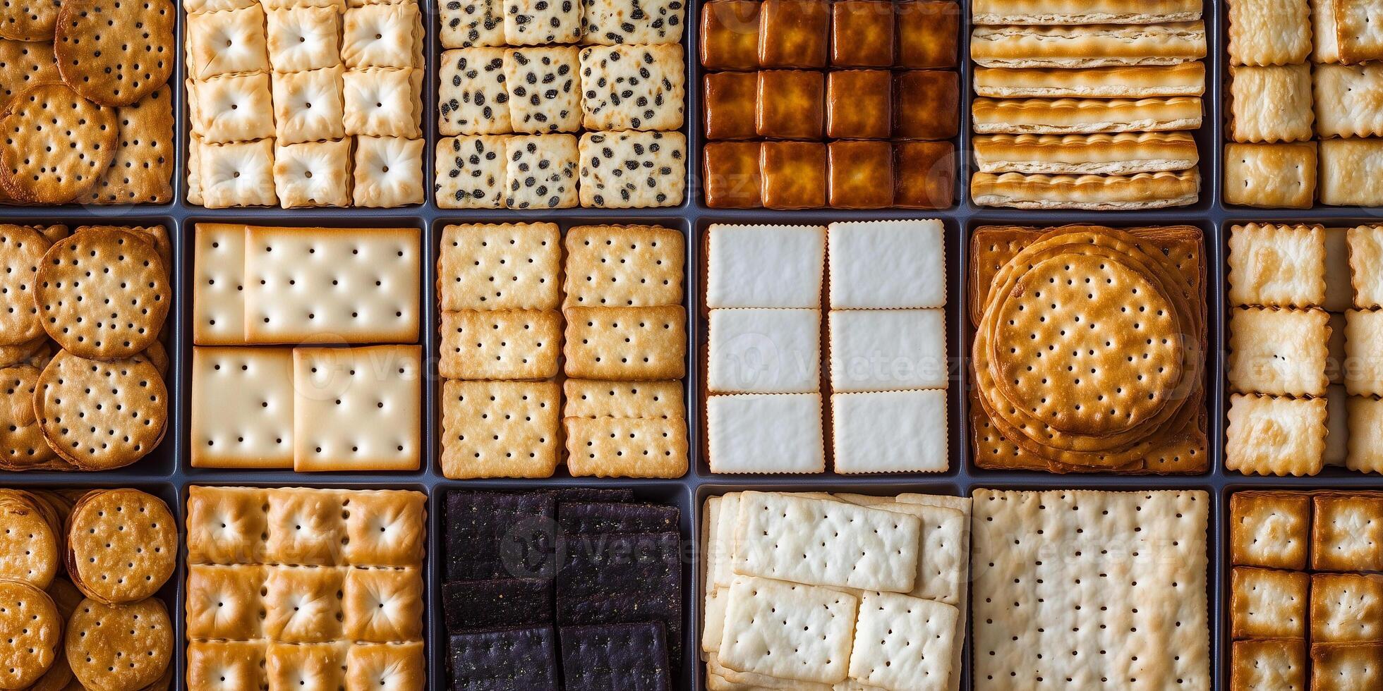Crackers displayed in a grid formation on a tray, food photography photo