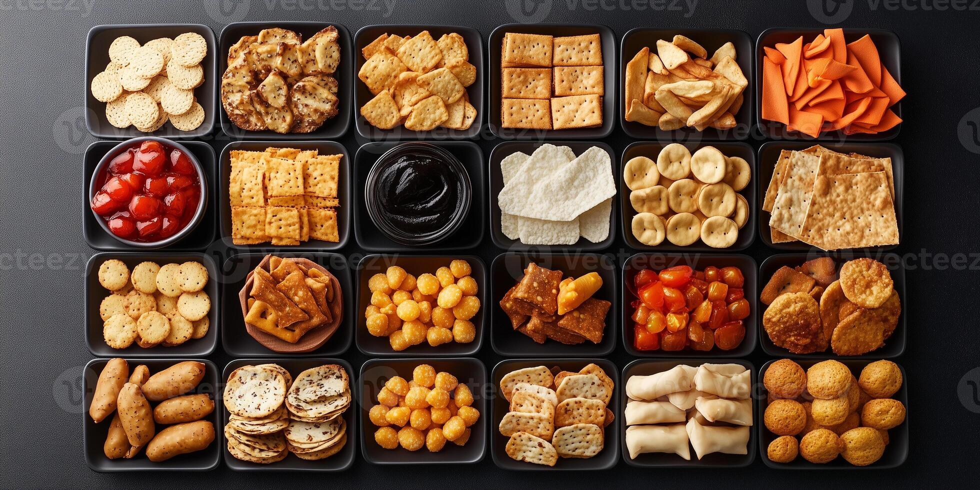 Variety of small snack items arranged in grid pattern on serving surface, culinary photography photo
