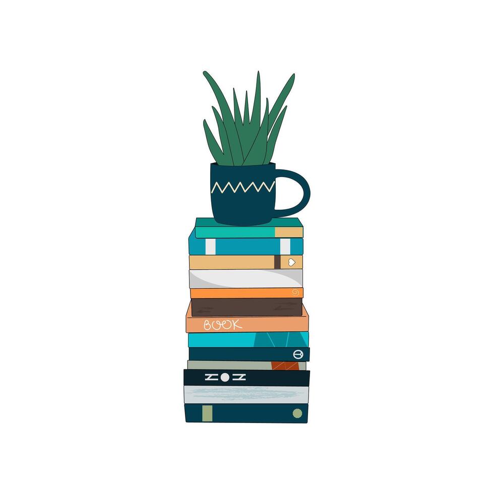 A stack of books and a houseplant. A cozy scene with a potted plant on top of the book pile. vector