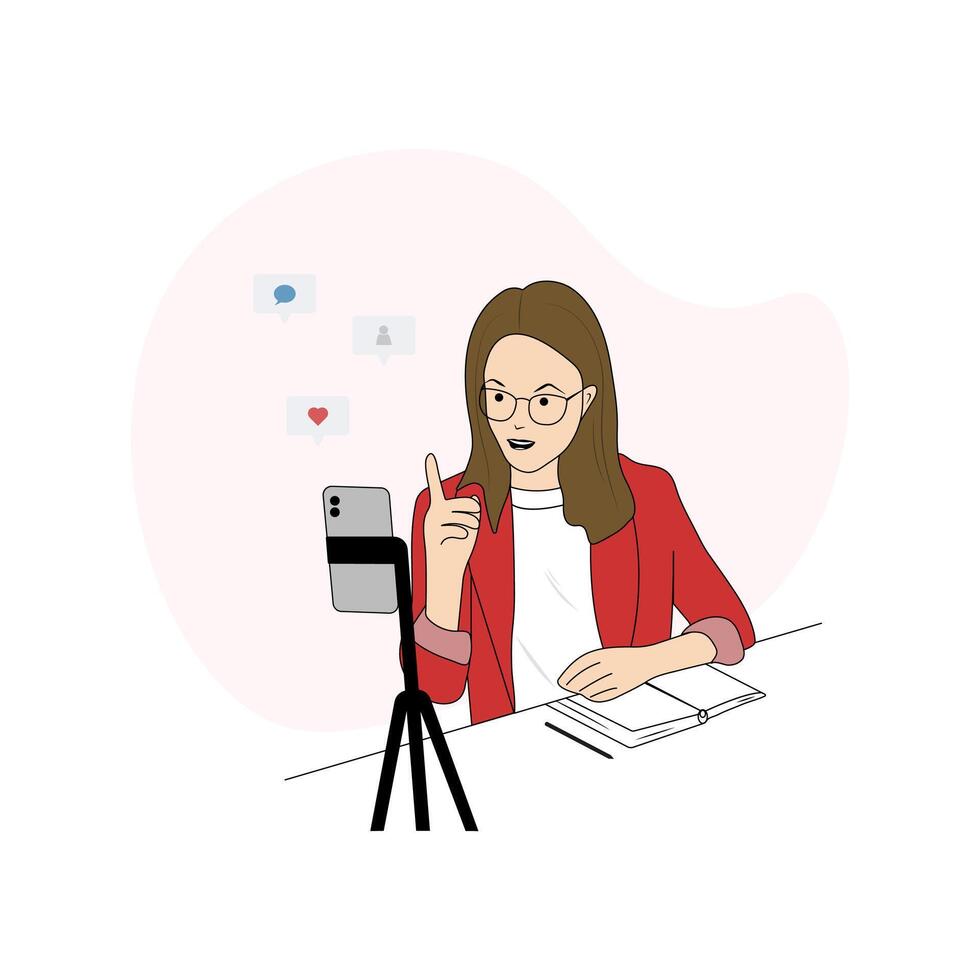 A female blogger in front of a smartphone camera, recording, taking a photo. A live broadcast, blog displayed on mobile phone screen. vector