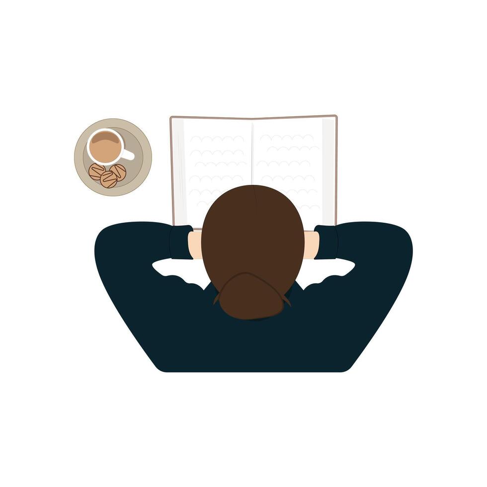 Woman reading a book and drink coffee. A female student is studying at home or in a cafe. Literature hobby, intellectual leisure activity. vector