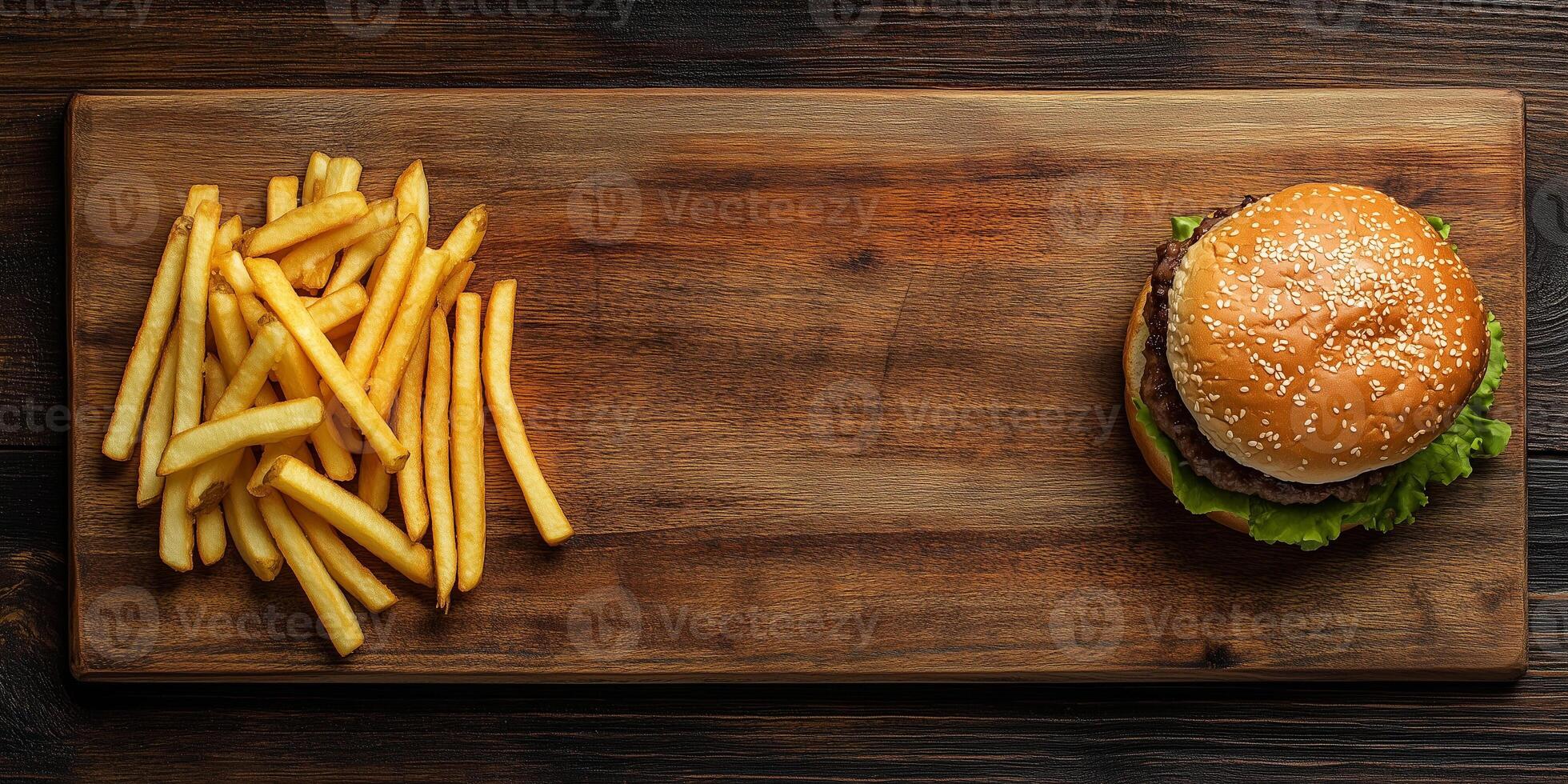 Burger and fries side by side on a wooden board, culinary photography photo