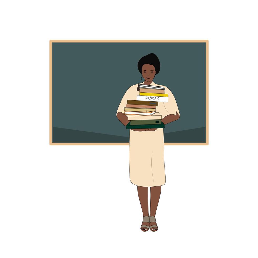 African American female teacher is holding a stack of books at classroom near blackboard. Education, lecture and lesson at school or university. vector