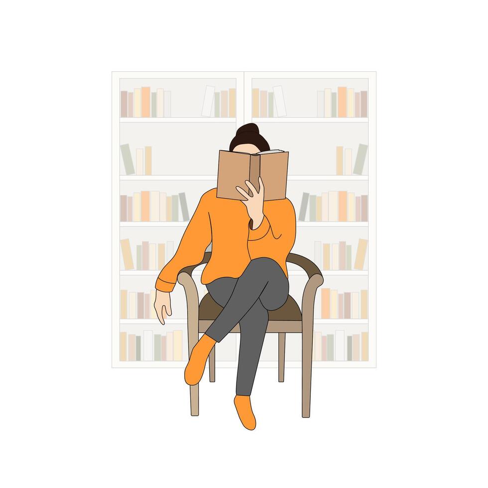 A young woman immersed in reading a book. A book-loving girl relaxes on a chair, enjoying her leisure time, with shelves filled with books in the background. vector