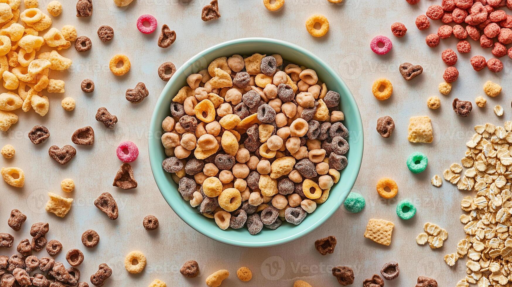 Close-up of cold cereals inside a bowl with scattered pieces, culinary photography photo