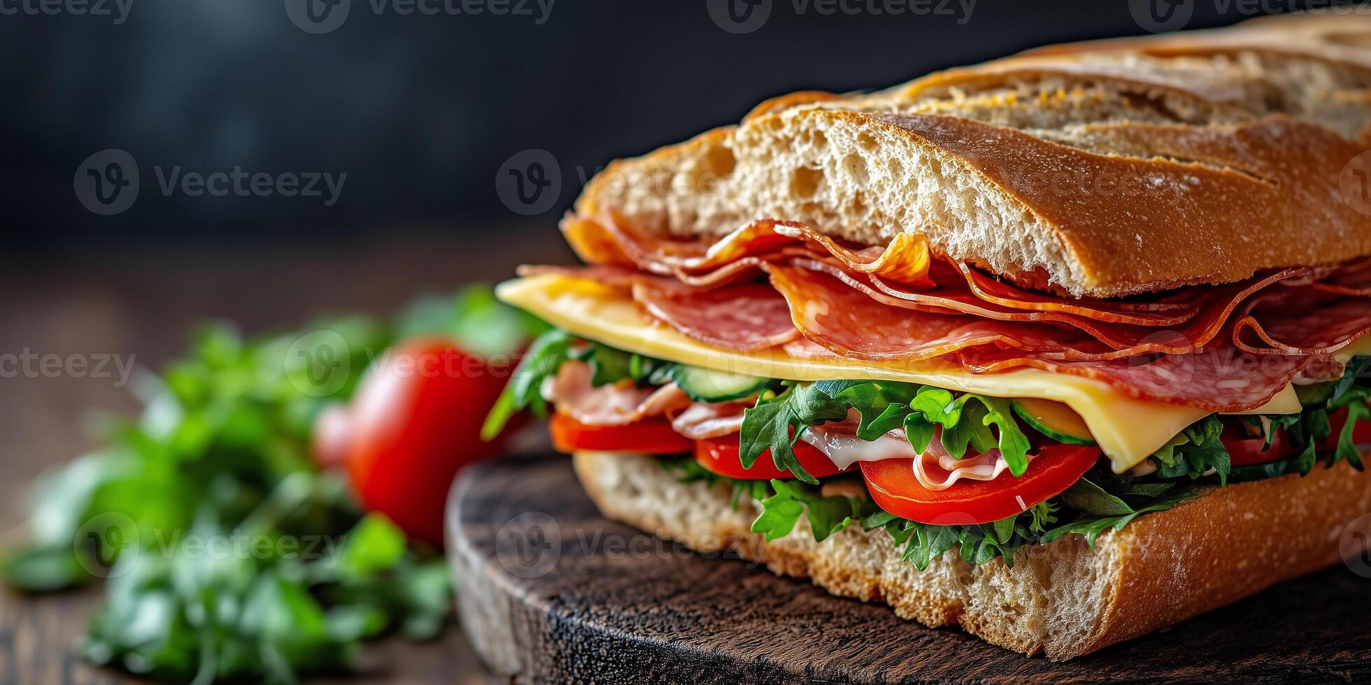 Close-up of Italian sub, showing layers of deli meat, cheese, and fresh vegetables, food photography photo
