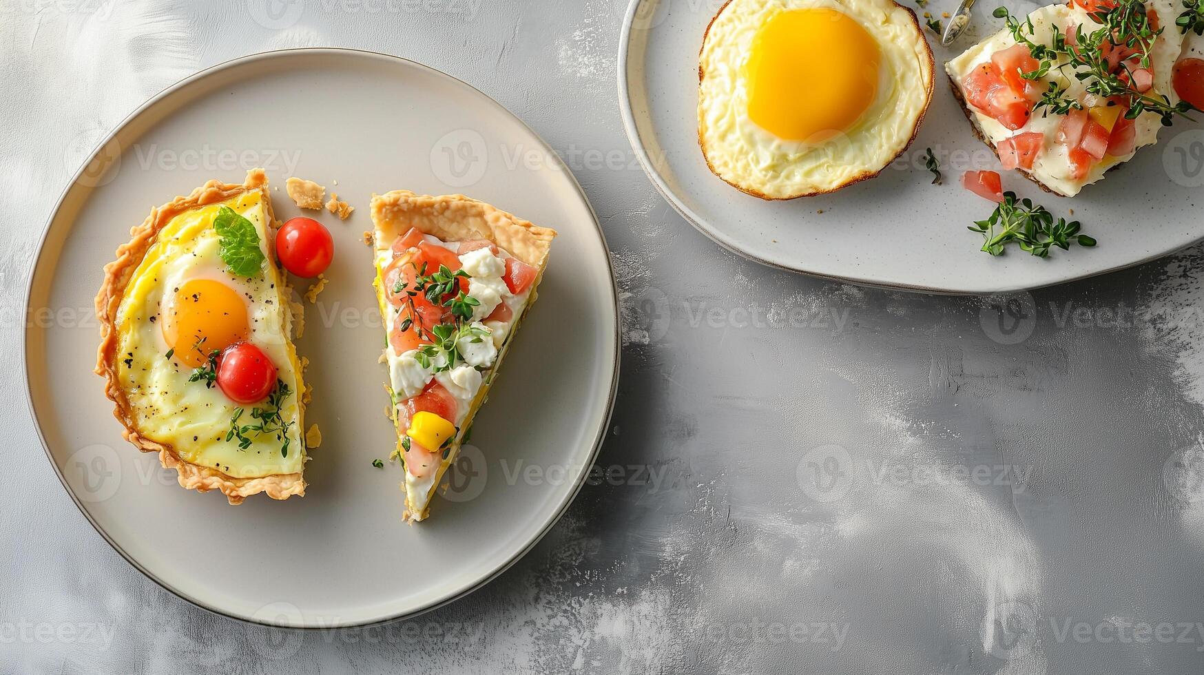 Close-up of egg dishes including quiche slice and eggs benedict, food photography photo
