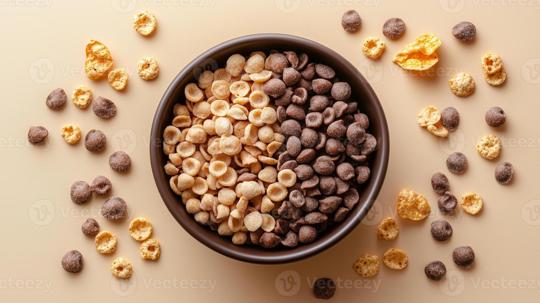 Close-up of cold cereals inside a bowl with scattered pieces, food photography photo