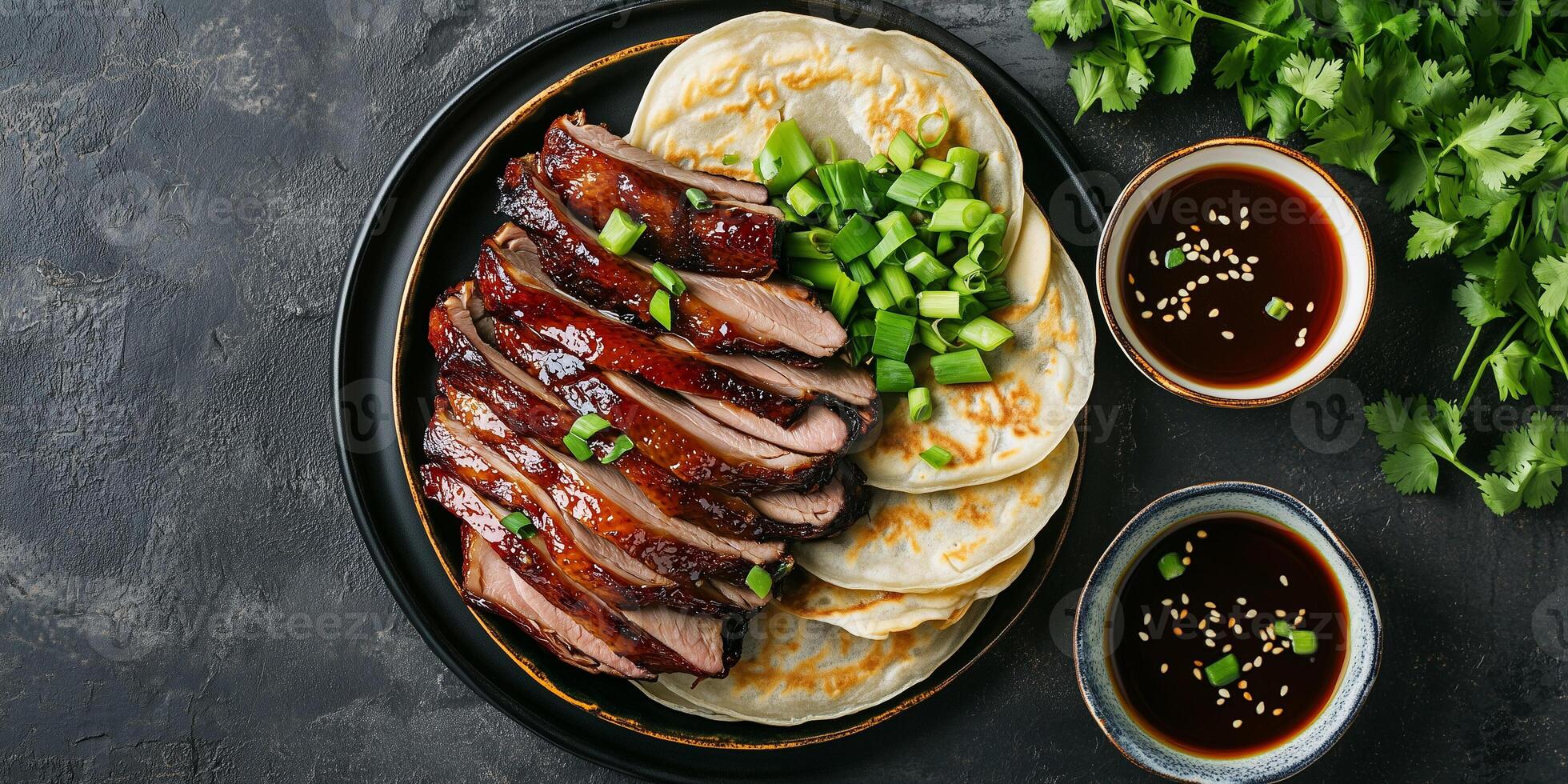 Peking duck with scallions and hoisin sauce, culinary photography photo