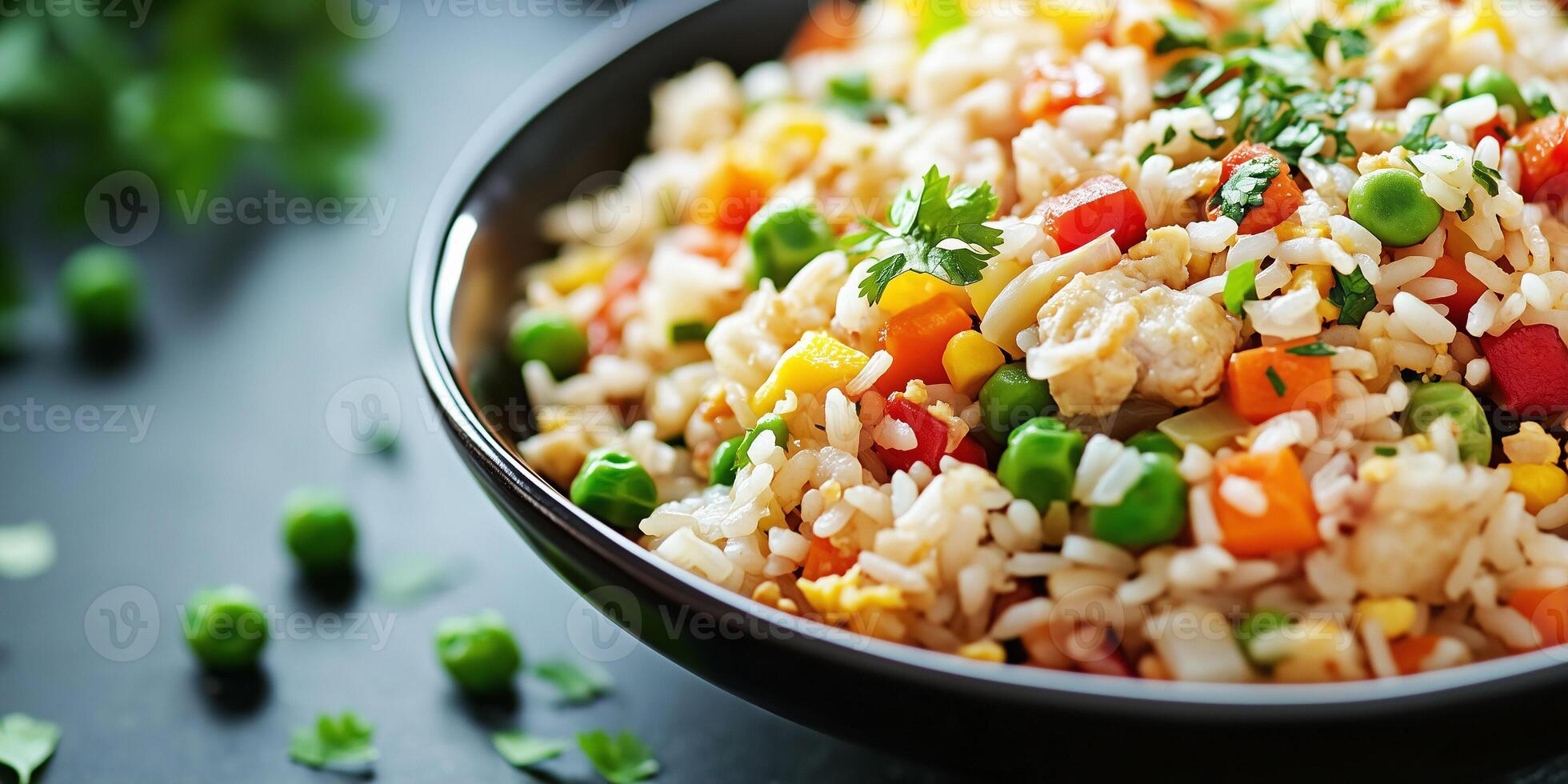 Close-up of fried rice with vegetables and protein in a serving dish, culinary photography photo