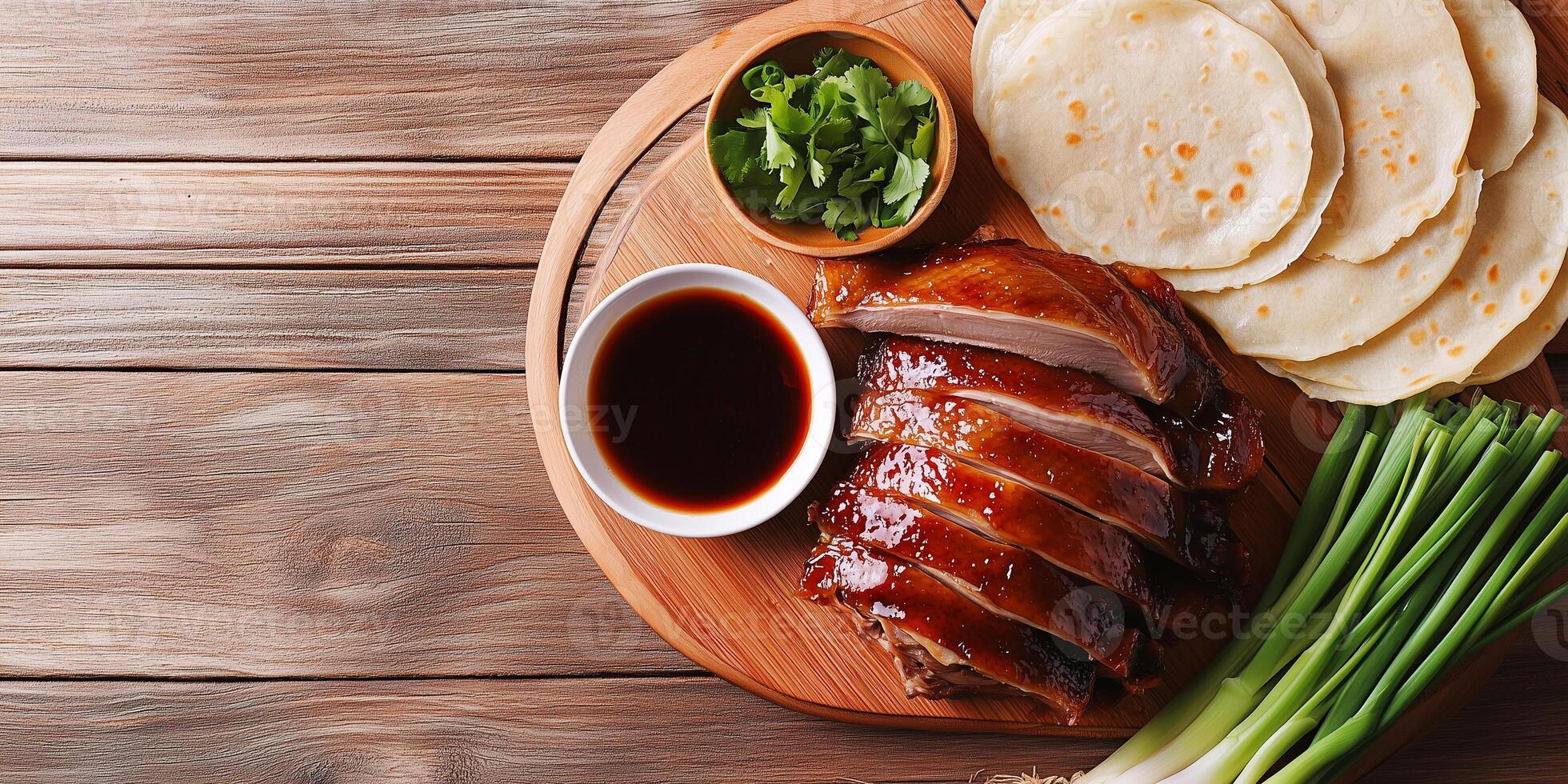 Peking duck with scallions, pancakes, and hoisin sauce, food photography photo