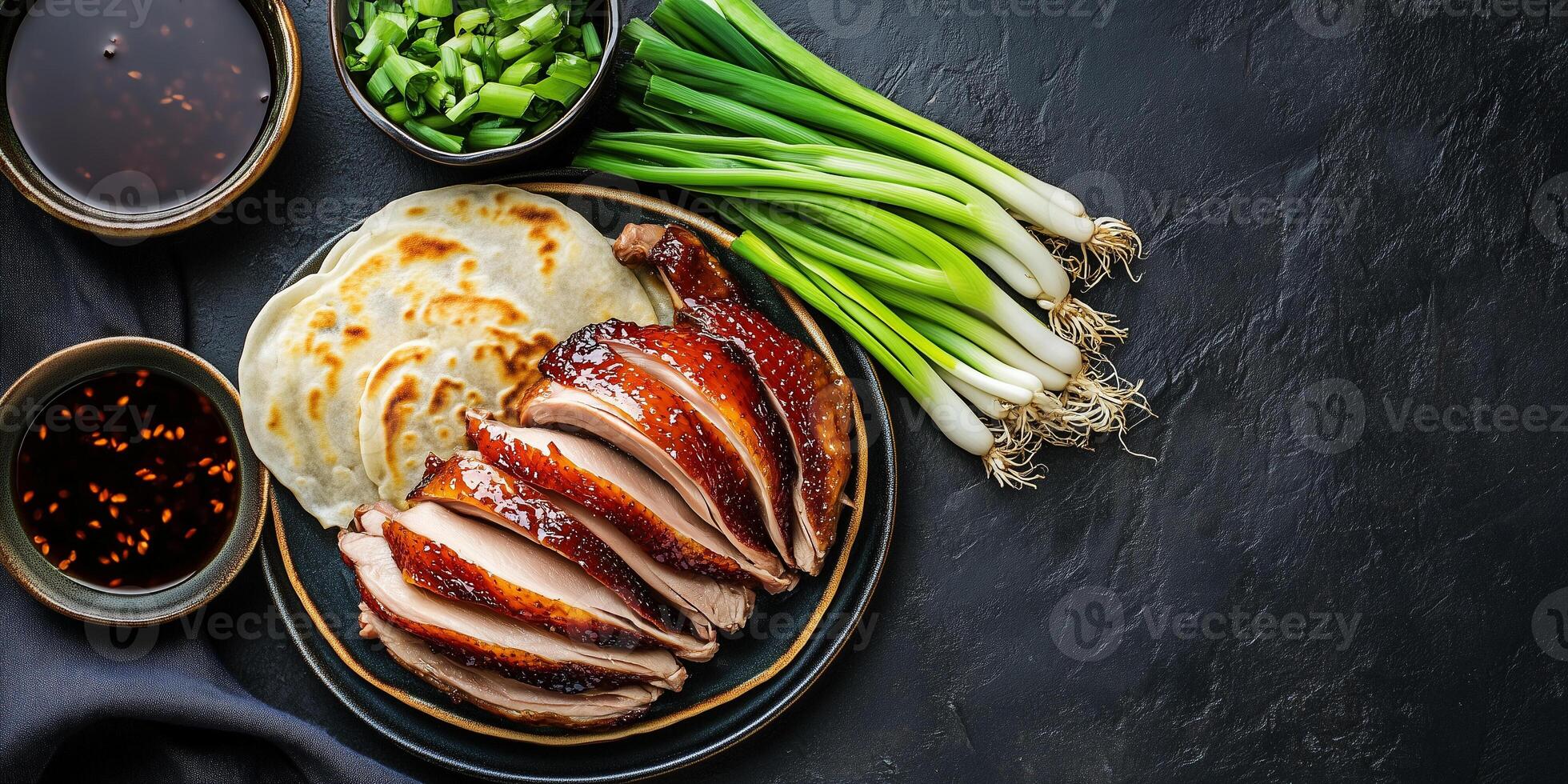 Peking duck with pancakes and scallions, culinary photography photo