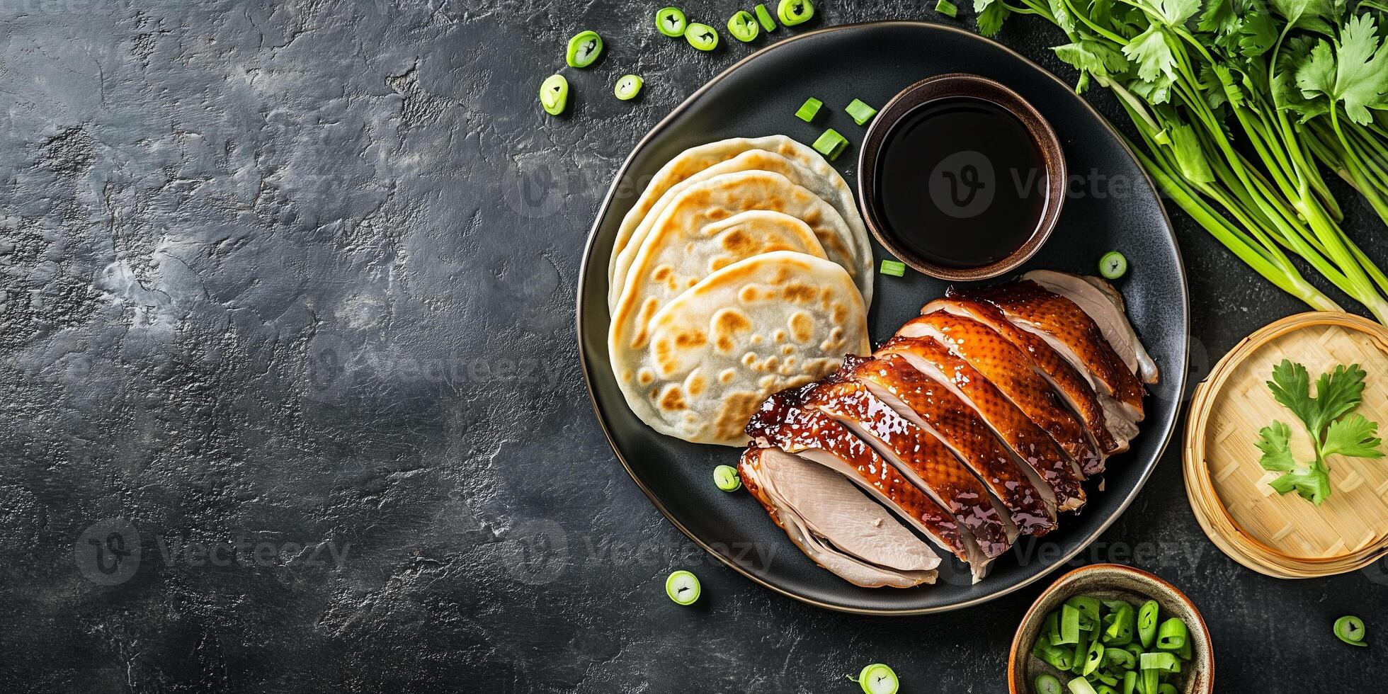 Peking duck with pancakes and scallions, food photography photo