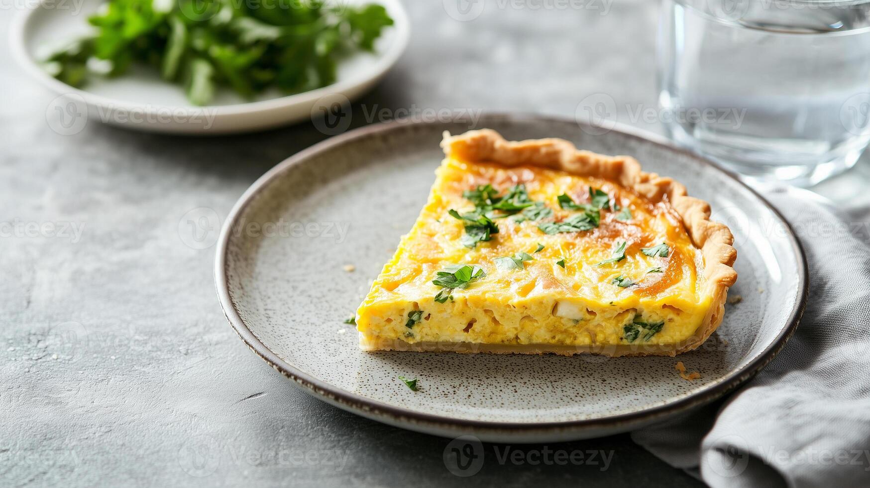 Plate with quiche slice, glass of water, and napkin on the side, culinary photography photo