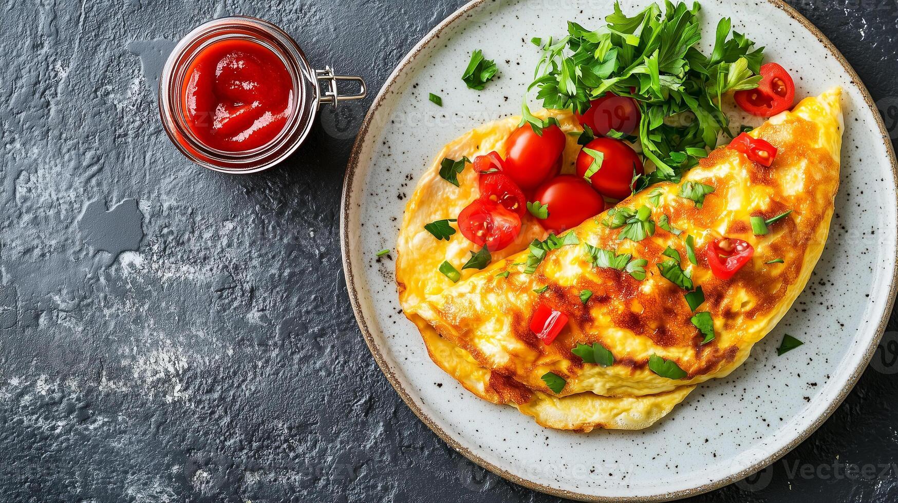 Plate filled with an omelet, with a small container of condiments placed beside it, culinary photography photo