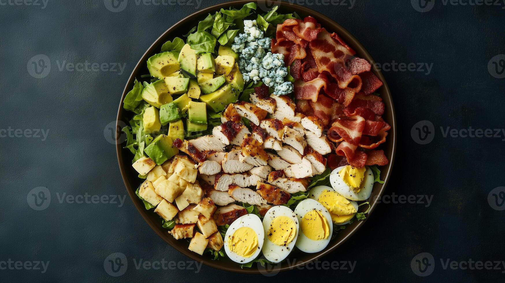 Cobb salad in a large bowl with rows of chicken, bacon, avocado, eggs, and blue cheese, gastronomy photography photo
