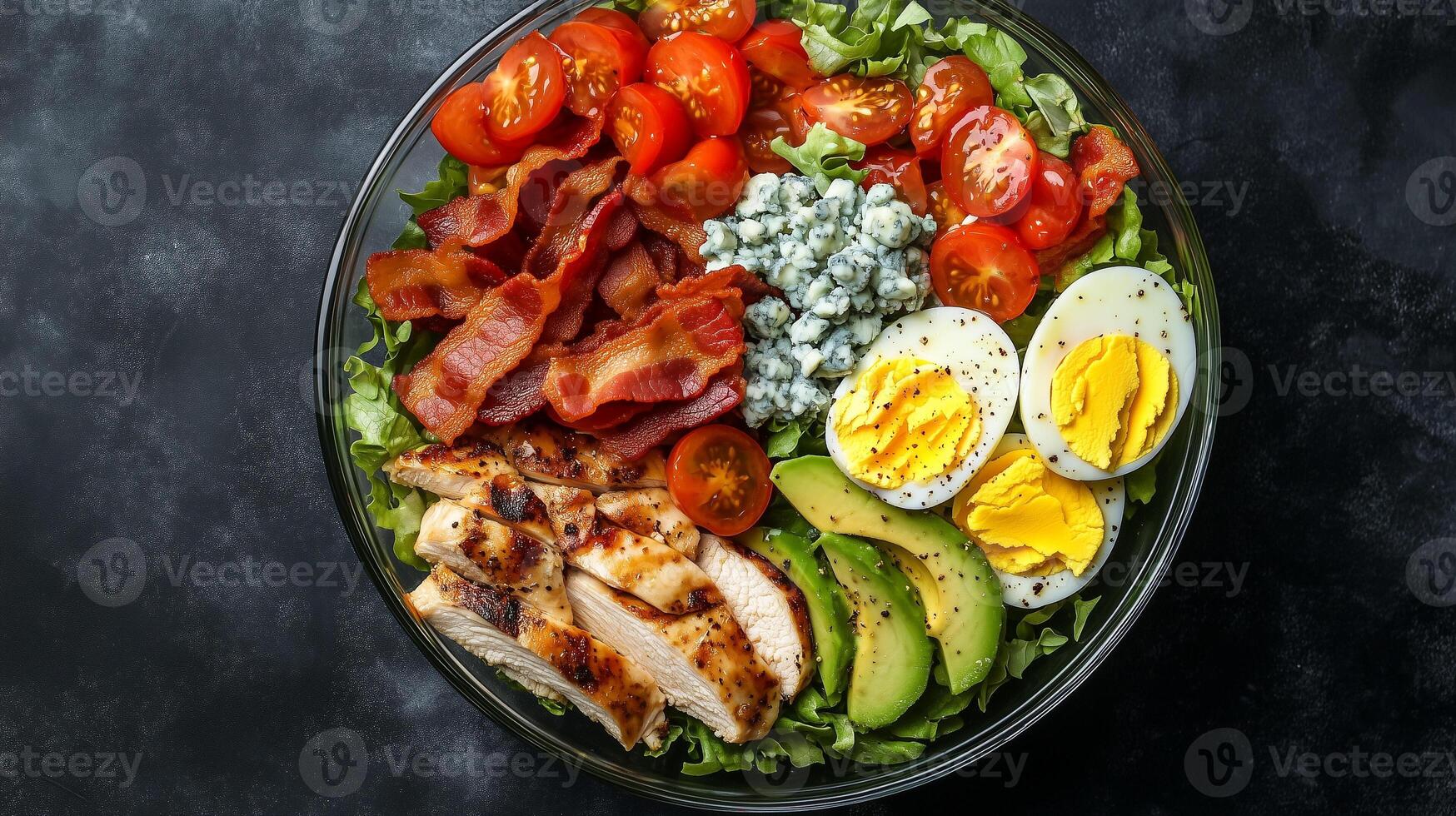 Cobb salad in a glass bowl combining chicken, bacon, avocado, eggs, tomatoes, and blue cheese, photorealistic food photo
