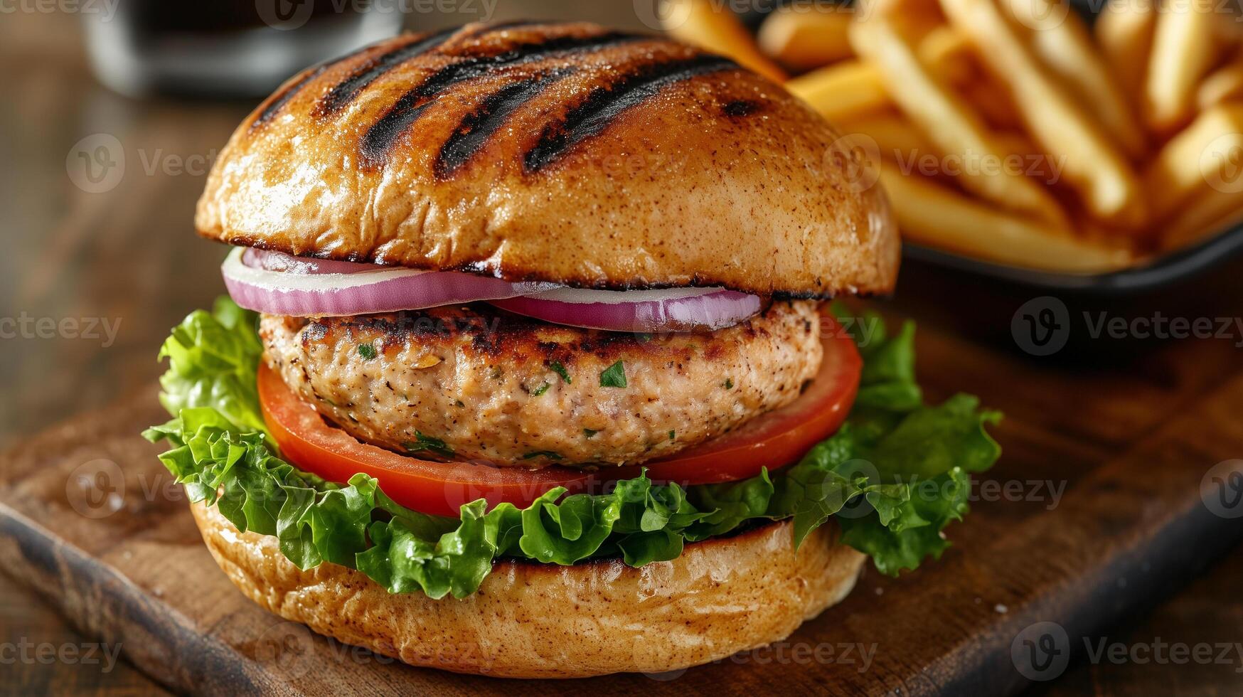 Turkey patty on a whole wheat bun with lettuce, tomato, and onions with fries, photorealistic food photo